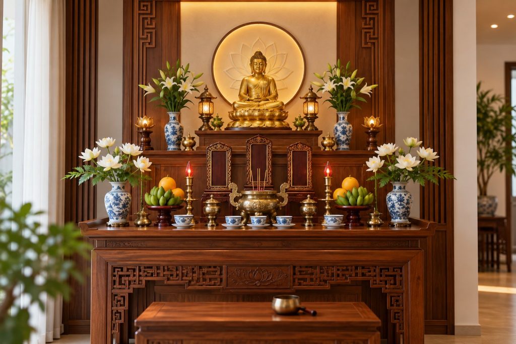 Bàn thờ Phật và gia tiên đặt chung: Cách bố trí 4 Bàn thờ Phật và gia tiên đặt chung: Cách bố trí