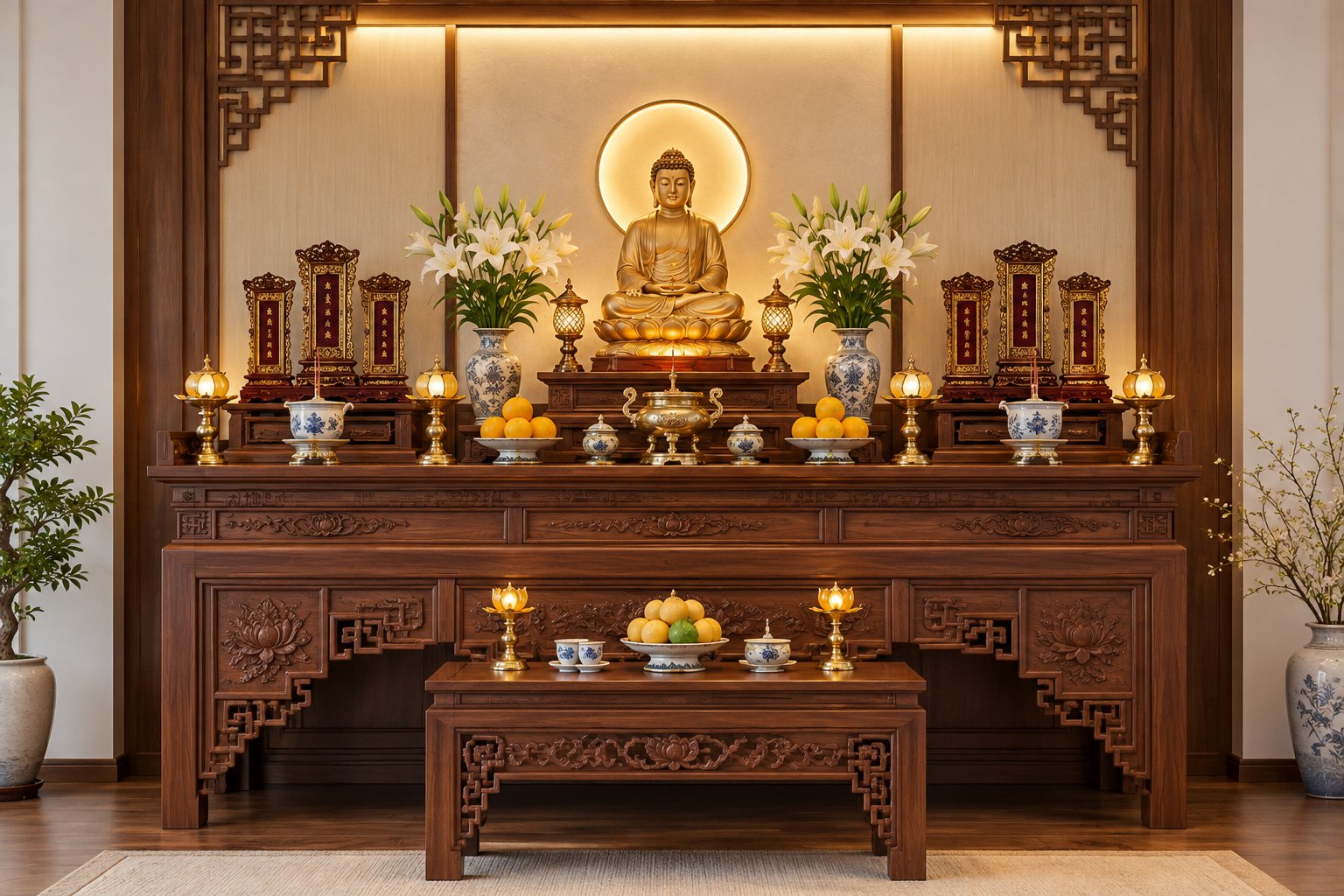 Ảnh minh hoạ: Bàn thờ Phật và gia tiên đặt chung: Cách bố trí