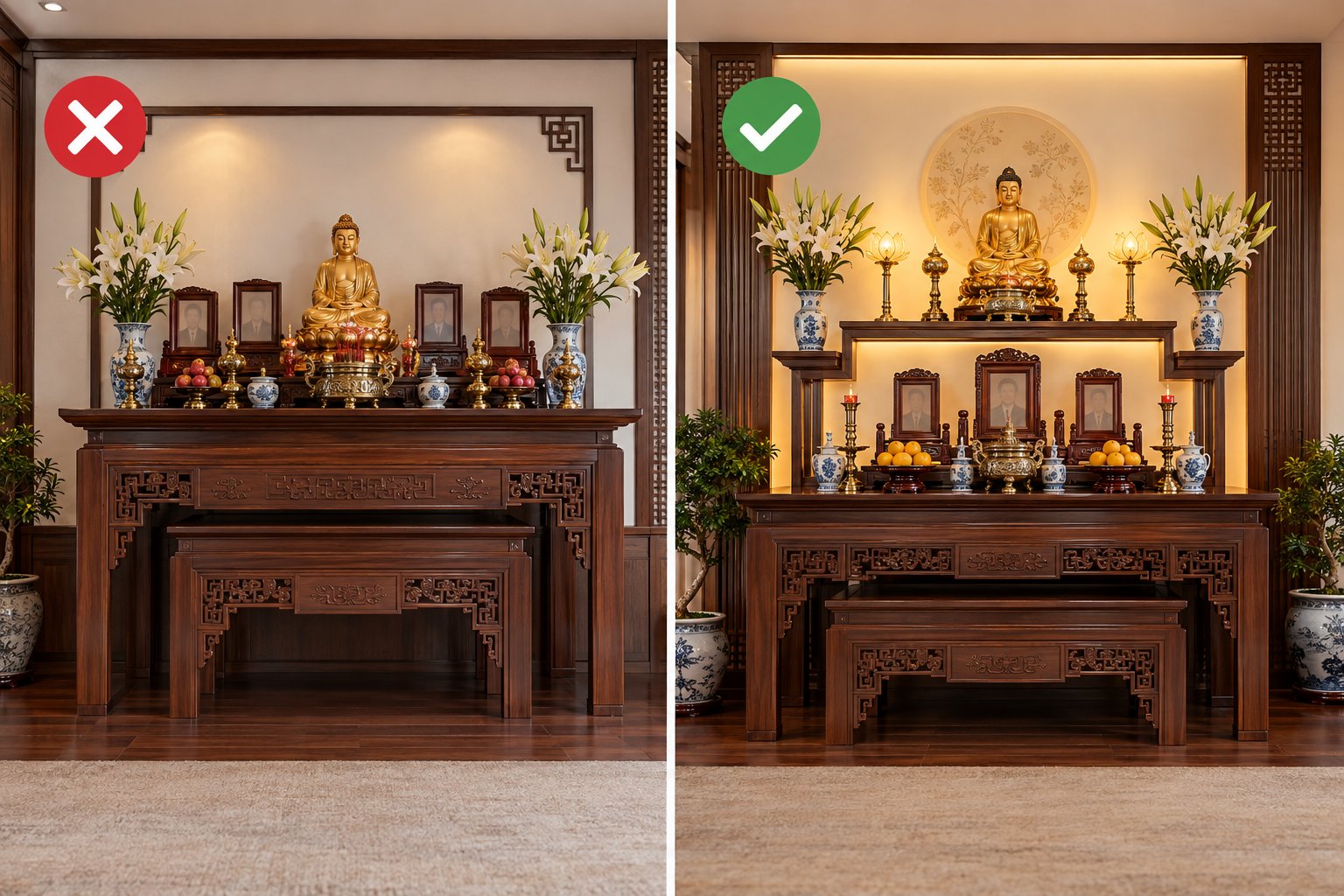Ảnh minh hoạ: Bàn thờ Phật và gia tiên đặt chung: Cách bố trí